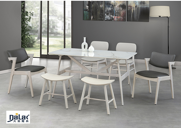 373-301亮面岩板實木洗白色餐桌椅組